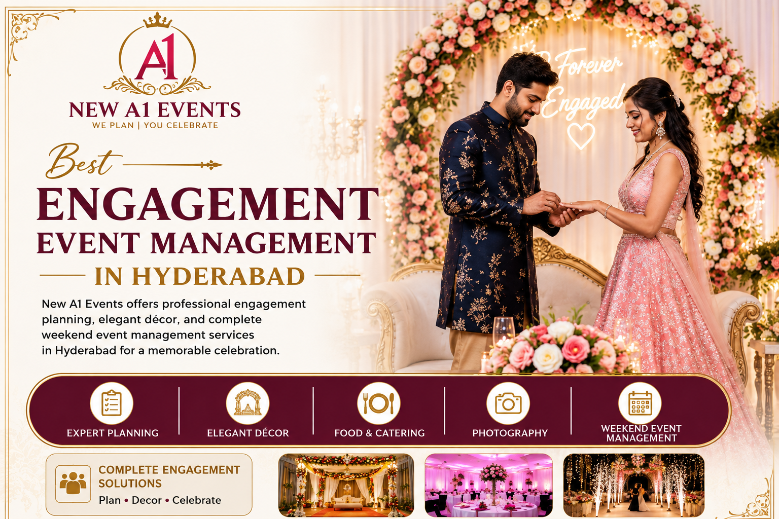 Engagement stage decoration by A1 Events in Hyderabad